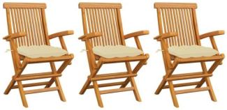 vidaXL Gartenstühle mit Cremeweißen Kissen 3 Stk. Massivholz Teak 3062531