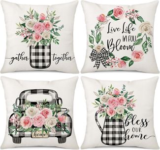 Frühling Kissenbezüge 45×45 cm 4er-Set Pinke Blumen Mason-Jar Truck, Bless Our Home, Farmhouse Deko