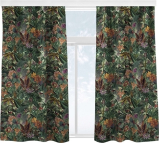 Bilderdepot24 Vorhang Gardine Natur Tropisch Modern Dschungel Blätter Blüten Orange Grün, Multifunktionsband (2 St), blickdicht, Samt, Schiebegardinen Küche Schlafzimmer Wohnzimmer Schiebevorhang
