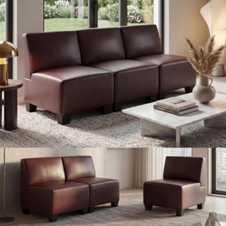 Modular 3-Sitzer Sofa Couch Lyon, Kunstleder ~ rot-braun, ohne Armlehnen