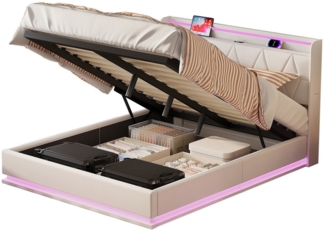 FUROKOY Polsterbett LED hydraulisches Doppelbett aus Kunstleder Funktionsbett Bettgestell, 140x200 cm,mit USB,Stauraum,Gepolstert,Weich und bequem,Samt,Beige
