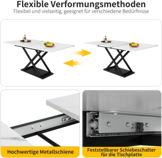 Esstisch ausziehbar Weiß & Schwarz, moderner Küchentisch mit Kreuzbeinstruktur, MDF-Tischplatte und Metall-Teleskophalterungen für 6–8 Personen