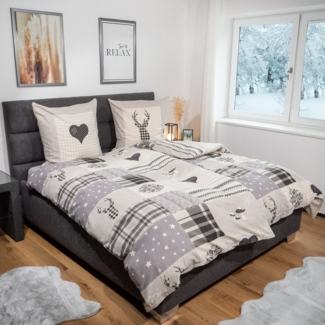 DOBNIG Bettwäsche Flanell, Flanell, 2 teilig, Mustermix mit winterlichen Motiven, kiesel