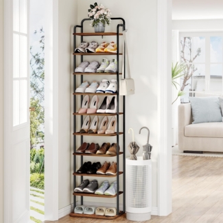 Vertikales Schuhregal, 10-Stöckige Schuhregale, Schuhturm für kleine Räume, Freistehend, Verstellbar, Platzsparend, Braun und Schwarz