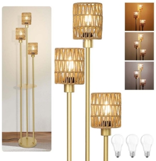 LMaxhome LED Stehlampe Boho Stehleuchte Dimmbar 3 Farbtemperatur Fußschalter 175cm mit Regal, Gold, mit 3 LED-Glühbirnen, Kaltweiß, Naturweiß, Warmweiß, Rattan Leselampe Wohnzimmer Schlafzimmer Büro Energiesparend Langlebig