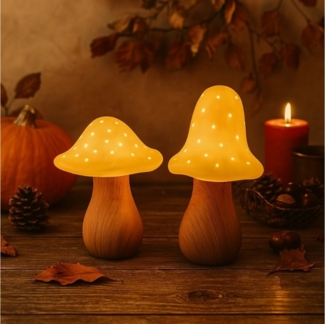 Online-Fuchs LED Dekoobjekt - 2 Pilze aus Keramik mit LED-Beleuchtung - Deko Herbst, Winter, Warmweiß oder Farbwechsel wählbar, Loch- und Sternausstanzugen, inklusive praktischer 6-Stunden Timerfunktion
