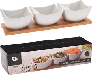 Koopman Servierschale Porzellan Servierset 4 Tlg. 30x10 cm 3 rechteckige Schalen Weiß Brett, Porzellan, (1-tlg), 3 Schalen, Bambus Tablett, Porzellan Schalen, Snackschale
