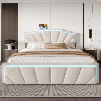 Celya Polsterbett Doppelbett mit einzigartigem trapezförmigem Kopfteil (USB Type-C Anschluss, 2 geräumige Schubladen, integrierter LED-Lichtleiste & 2-facher Höhenverstellung), Modernes Polsterbett 160x200CM Elegantes Design
