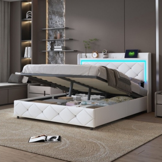 PXloue Funktionsbett Polsterbett Stauraumbett, mit Hydraulischer Hubbettkasten und Lattenrost,Kunstleder,140x200 cm