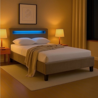 IDIMEX Polsterbett LASHIO, Bett 120x200 cm mit LED Beleuchtung im Kopfteil Stoffbezug Samt greige