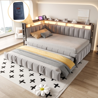 Polsterbett Schlafsofa, Ausziehbett, LED-Beleuchtung, Ablagefächer Kopf- und Fußende, USB-/Typ-C-Anschlüsse, Einzelschlafsofa, Samtstoff, Hellgrau, 90×200 cm