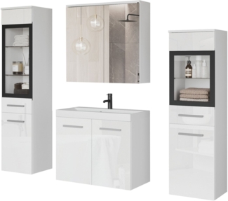 welltime Badmöbel-Set MADRIT II, Schrank mit Waschbecken, 2 Hänger, Spiegelschrank, (Komplett-Set, 5-St), Hängende Badmöbel mit Glaseinsätzen – in vielen Farben erhältlich