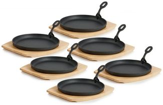 BBQ-Toro Servierpfanne 6er Gusseisen Servierpfännchen-Set, Ø 22 cm, rund, mit Holzbrett, Gusseisen