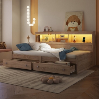 Flieks Kinderbett, LED Daybett Einzelbett 90x200 cm mit Ladefunktion und 2 Schubladen