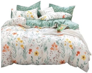 Kaket Wendebettwäsche Blumenbettwäsche mit Reißverschluss – 50 x 75 cm Kissenbezug, 3 teilig, Grüne und Weiße Bettbezüge für Sommer bis Winter