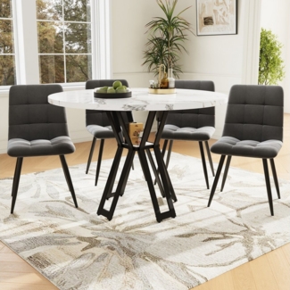 MC Star Essgruppe Esstisch-Set, Esstisch-Set mit 4 Stühlen, modernes Küchentisch-Set, (runder Küchentisch 100 cm Durchmesser, schwarze Beine, weiß marmorierte Tischplatte, graue Samt-Esszimmerstühle, 6-tlg)