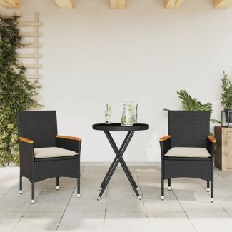 vidaXL 3-tlg. Bistro-Set mit Kissen Schwarz Poly Rattan und Glas 3278753