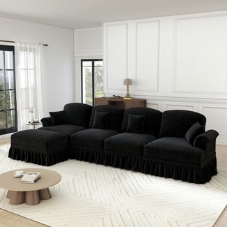 Flieks 4-Sitzer Ecksofa, Modular L-Sofa mit 4 Kissen & 1 Ottoman, abnehmbarer Volant, Flared-Armlehnen & Holzbeinen, Chenille, Schwarz