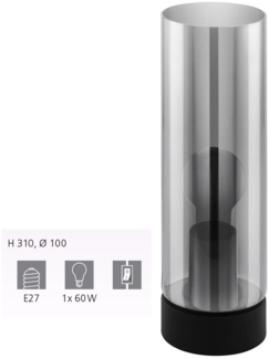 Eglo 98887 Tischleuchte Damasco 1 Stahl schwarz, Glas bedampft schwarz-transparent E27 1X60W H:31cm Ø10cm mit Kabelschalter