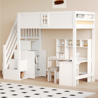 Merax Hochbett (Massivholzbett Jugendbett Einzelbett, 1-St) Kinderbett 90x200cm mit Sicherheitstür Stauraumtreppe Kleiderschrank