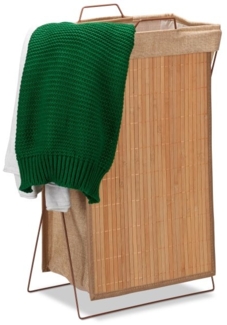 relaxdays Wäschekorb, Bambus / Stoff natur, 38 x 22 x 61 cm, 40 l