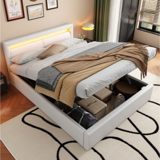 Ulife Polsterbett Jugendbett, Modernes LED-Bett mit Lederoptik & Stauraum (Ohne Matratze), 140x200 cm inkl. Lattenrost & beleuchtetem Kopfteil