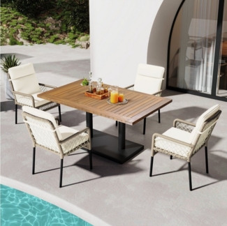 Flieks Gartenlounge-Set, 4-Sitzer Gartenmöbel Essgruppe Polyrattan mit Akazienholz Tischplatte