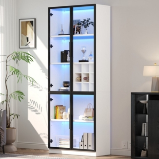 Merax Glasvitrine Standvitrine Hochschrank mit LED-Beleuchtung & 5-stufiger Stauraum (Weinschrank Sideboard Hochschrank, 1-St) Vitrine mit 2 Glastüren, Glasregal & integriertem Weinfach,80x35x200cm