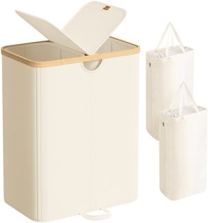 SONGMICS Wäschekorb 2 Fächer, Wäschesammler, 150 Liter, Wäschesortierer mit Deckel, Wäschetonne, Wäschesäcke herausnehmbar, für Waschküche, Schlafzimmer, Wohnzimmer, cremeweiß-naturbeige