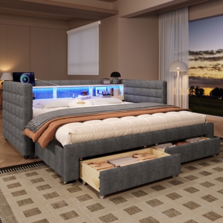 Merax Polsterbett, 90 × 190 cm, Tagesbett, Daybett, Schlafsofa, multifunktionales Ausziehbett-Design, USB- + Typ-C-Anschlüsse, mit 2 Schubladen, LED-Lichtleiste, Samt, Grau