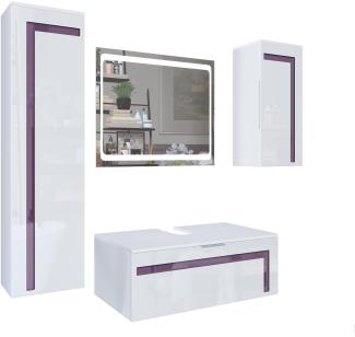Badmöbel Komplettset Aloha V2, Korpus in Weiß matt / Fronten in Weiß Hochglanz mit Absetzungen in Brombeer Hochglanz, mit LED Spiegel