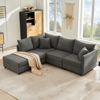 Merax Ecksofa mit vertikalen Streifen, Modulares Sofa, 5-Sitzer-Sofa, mit umwandelbarem Fußhocker, L-förmiges Sofa, U-förmiges Sofa, Grau