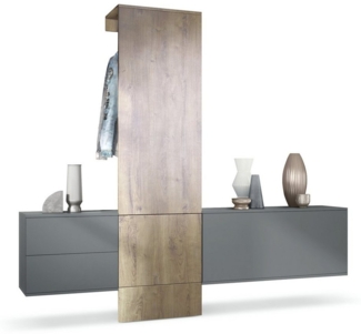 Garderobe Carlton Set 1, Flur-Garderobe aus Deko-Paneel, Schubladen-Kommode & Schuhschrank, Anthrazit matt / Eiche Ribbeck (209 x 193 x 35 cm)