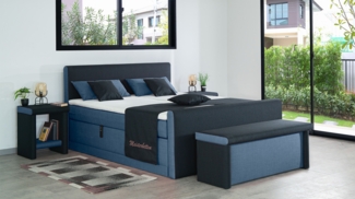 Meisterbetten Boxspringbett Amos 140x220 in W-Blue in W-Black, Matratzenbezug Nano, Ergoflex-Topper, mit Fussteil