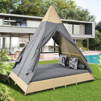 Merax Gartenlounge-Set, Rattanzelt, geeignet für 2–4 Personen, beiges Rattan, grauer Türvorhang, Sitzkissen mit Reißverschluss