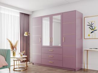 Kleiderschrank Bado II, mit Frontspiegel, Farbe: Pflaume / Pflaume + Gold