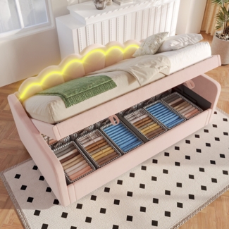Schlafsofa mit LED-Beleuchtung, Bettkasten und Lattenrost, 90x200 cm, Einzelbett, Polsterbett, Samt, rosa