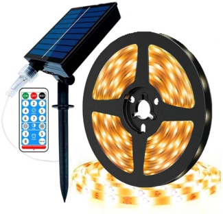 ZEUOPQ LED Solarleuchte Solarlampen LED Solarleuchte 5M Warmweißes Außen Solar LED Streifen, 8 Modi Sonnenbetrieben led strip Wetterfest, 300 LEDs Dimmbare Lichtleisten, mit Fernbedienung und USB Ladeanschluss