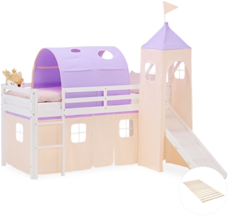 Hochbett Kinder 90x200 cm mit Lattenrost Rutsche Kinderbett Kinderhochbett Stockbett Vorhang Tunnel Turm Lila Peach