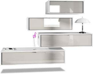 Wohnwand Lana V3 Anbauwand aus 4 Hängeelementen mit 10 Fächern, Korpus in Weiß Matt, Fronten in Sandgrau Hochglanz