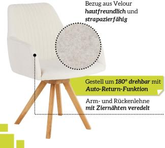 smart drehbarer Esszimmerstuhl mit Armlehnen - Bezug Velours Creme, 180° drehbar mit Auto-Return-Funktion - Massivholz Stuhlbeine - Küchenstuhl, Polsterstuhl mit Schaumstofffüllung
