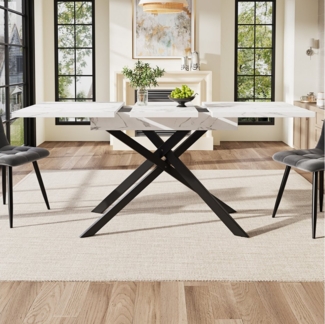 TavilaEcon Esstisch Teleskoptisch, Schwarz gekreuzte Eisenbeine (1-St), Auszug, Weißer marmorierter Esstisch, 120-160*80* 76.5cm, weiß