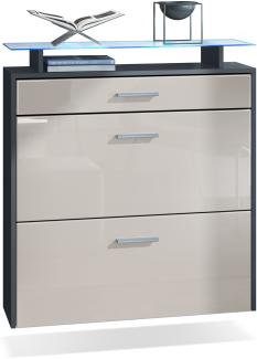 Vladon Schuhschrank Malea, Anthrazit matt/Sandgrau Hochglanz inkl. LED - hängender Schuhkipper für 16 Paar Schuhe (89 x 96 x 23 cm)