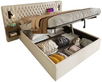 BlingBin Polsterbett Hydraulisch Stauraumbett Doppelbett (Bettanlage Schlafzimmer Komplett Set, 1-tlg, mit 2 Nachttischen, Kopfteil Leselicht mit USB Ladefunktion), 160×200 cm,Samt,Ohne Matratze