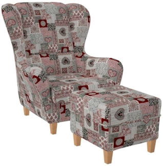 Supellex Ohrensessel Sofia Relaxsessel mit Hocker Patchwork Ornamente, Herz Rot