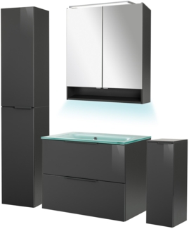 Fackelmann LUNA Badmöbel Set 6-teilig, 80 cm breit, Anthrazit,Glas Mint+Spiegelschrank+2 Badschränke