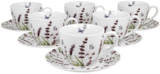 DUO FLORAL 6er-Set Tassen 220 ml CLASSIC LAVENDER mit Untertassen, New Bone China Porzellan