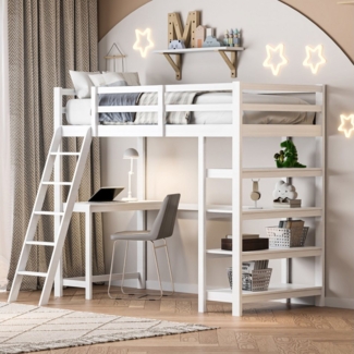 Furnishings Home Etagenbett Kinderbett Hochbett Stauraumbett (geeignet für Jugendliche und Kinder), 90x200 cm, mit Treppe, Tisch und Ablageregal, Absturzsicherung