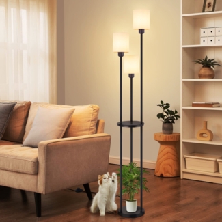 ZMH Stehlampe Wohnzimmer Stehleuchte Vintage - Standleuchte mit Regal E27 Standlampe Schlafzimmer Schwarz Retro Regallampe Weiß 3 Flammig Stoffschirm Stoff für Sofa Landhaus (Ohne Leuchtmittel)