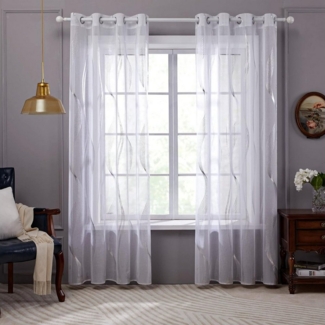 Deconovo Vorhang Voile Gardinen Ösenschal Transparent Ösenvorhang Wohnzimmer 2er Set, Vorhänge mit silbernen Wellenmustern